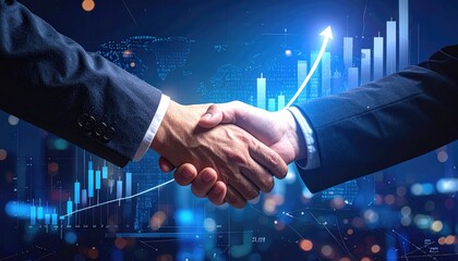 Agreement in the Digital Age: Two figures sealing a deal with a firm handshake, with data visualization and a growing arrow suggesting mutual success in the digital realm.