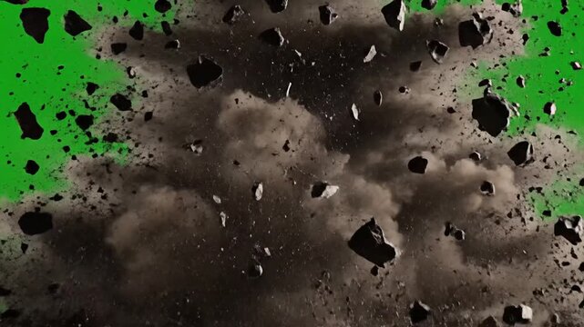 Explosion with debris and smoke on green background.