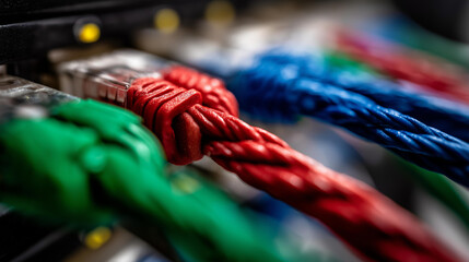 Vibrant array of network cables in red blue and green connected to server, close-up showcasing precision and organization, with copy space