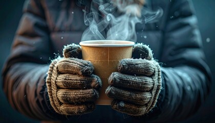 A person wearing warm gloves holds a steaming cup of coffee in a cold, snowy environment. The cup emits a cloud of steam, providing warmth to the hands