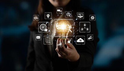 SEO concept for improving SEO visibility, with SEO related digital tools and SEO performance icons shown in an focused layout for strategic marketing. Spline