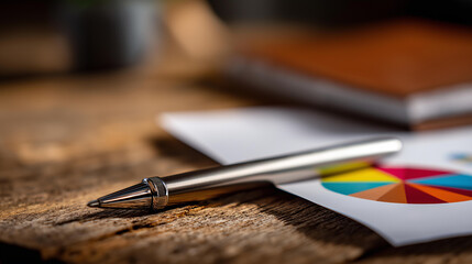 Pen and piece of paper featuring pie chart to represent data analysis and workforce forecasting in business strategies, with copy space