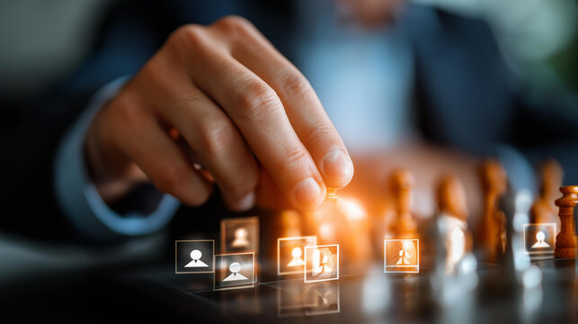 Strategic management concept with chessboard design featuring user icons representing workforce planning and strategy, tactical visualization, with copy space