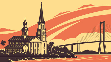 Obraz premium Charleston skyline with church and ravenel bridge in south carolina. Suitable for travel guides, postcards, websites, social media posts.