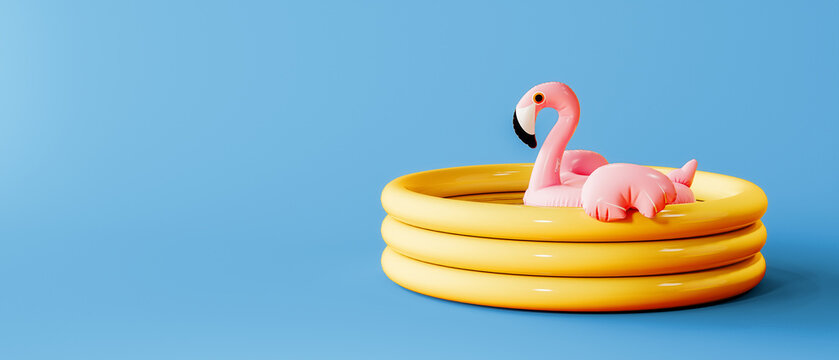 Pink flamingo inflatable belt in yellow pool on blue background with copy space. 3D Rendering, 3D Illustration