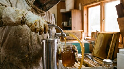Beekeeper extracting honey with pump into jars in wooden apiary workshop. Traditional beekeeping process for pure honey harvesting. Rural farming and natural pollination concept.