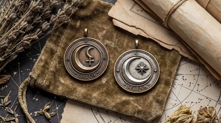 Astrological pendants with Lilith and Selena symbols on purple velvet. Mystical jewelry featuring crescent moons and celestial motifs. Esoteric astrology concepts for zodiac and occult exploration.