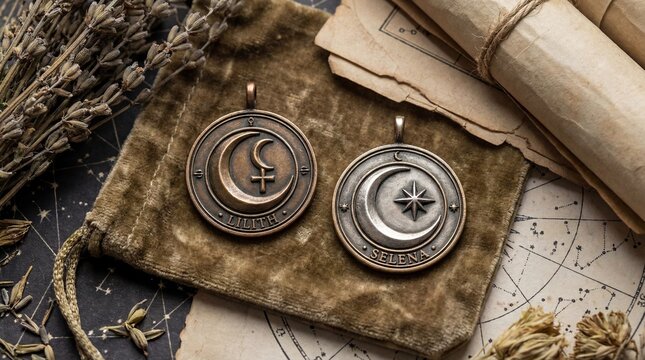 Astrological pendants with Lilith and Selena symbols on purple velvet. Mystical jewelry featuring crescent moons and celestial motifs. Esoteric astrology concepts for zodiac and occult exploration.