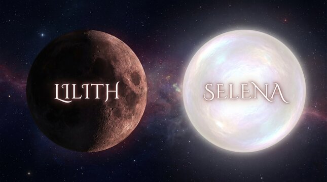 Dark brown moon labeled Lilith and glowing white moon labeled Selena in cosmic space. Astrology symbols for black moon Lilith and white moon Selena. Mystical celestial bodies representing duality in