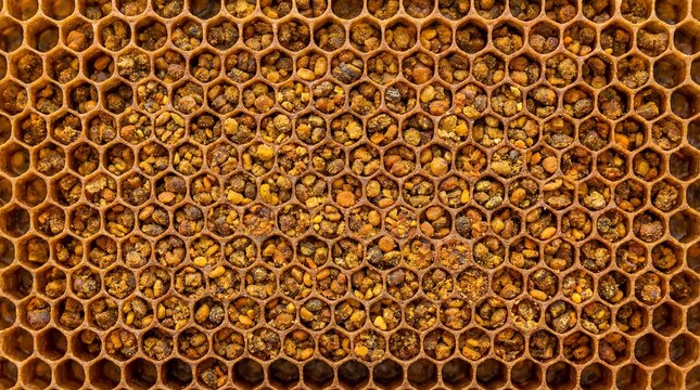 Closeup of honeycomb structure with bees and colorful pollen. Golden beehive cells filled with honey. Natural pollination and beekeeping in apiary environment.