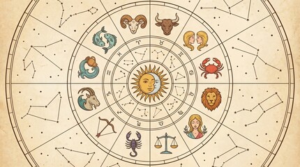 Naklejka premium Circular arrangement of twelve zodiac signs with sun in center. Astrology horoscope wheel featuring animal and human symbols connected by stars. Fortune telling and personality traits concept in