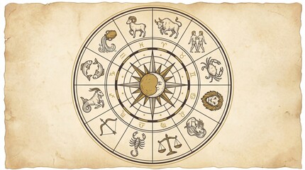 Zodiac wheel featuring twelve astrological signs in circular arrangement. Vintage horoscope symbol on aged parchment paper. Astrology and celestial divination concept for mystical guidance.