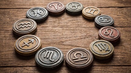 Circular arrangement of zodiac signs symbols on wooden surface. Astrology and horoscope concept. Mystical divination and celestial themes for spiritual and fortune telling guidance.