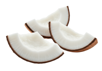 Macro close-up of three pristine coconut wedges showing vibrant white copra and mahogany-brown fibrous shell, isolated on transparent background. Concept for exotic health food advertising