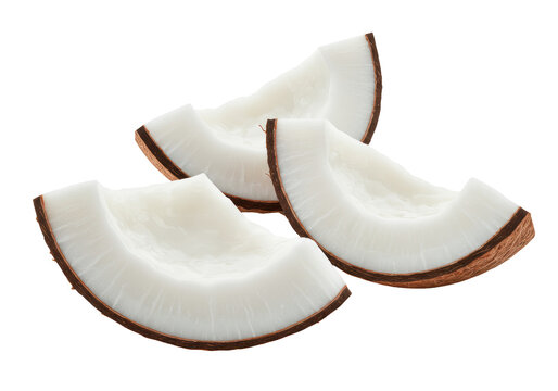 Macro close-up of three pristine coconut wedges showing vibrant white copra and mahogany-brown fibrous shell, isolated on transparent background. Concept for exotic health food advertising