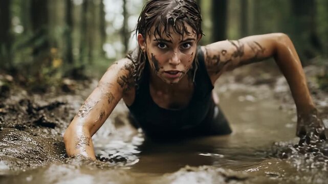 Woman Crawling Through Mud in Extreme Survival Challenge
