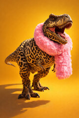 Fototapeta premium Tyrannosaurus rex wearing a pink feather boa on a yellow background. Surreal and humorous image representing contrast, fashion, irony, strength and creativity.
