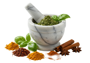 Photorealistic macro still life of a marble mortar and pestle with verdant herbs and vibrant spices (basil, turmeric) on a transparent background with copy space. Concept of natural potency and