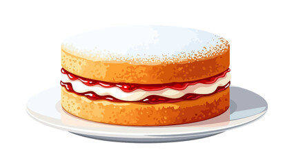 A delicious Victoria sponge cake, a classic British dessert, dusted with icing sugar and filled with cream and jam, served on a white plate
