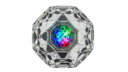Crystal geometric object with colorful light, isolated on transparent background