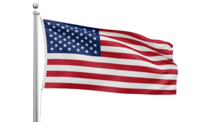 American flag waving on flagpole, isolated on transparent background