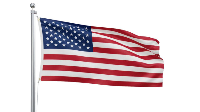 American flag waving on flagpole, isolated on transparent background