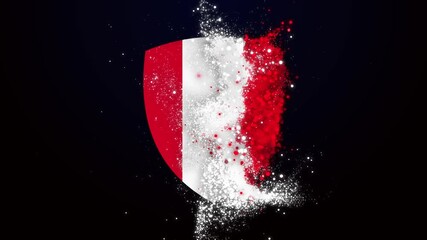 Animated Peru Flag with a shield shape formed by flowing particles, symbolizing global digital connectivity and data networks.