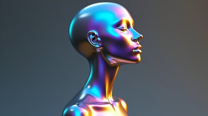 Minimalist futuristic sculpture of a human profile, iridescent smooth metal finish, subtle neon reflections, clean background, contemporary digital sculpture