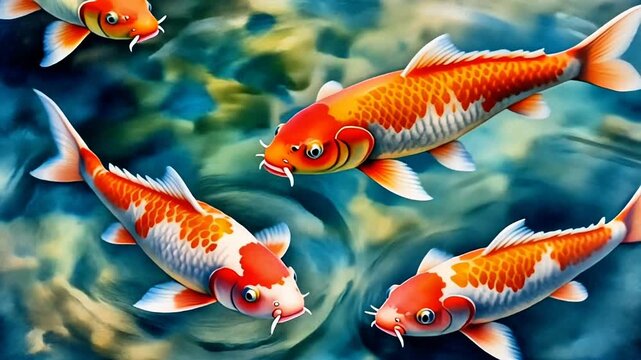 Koi fish swimming in vibrant pond with swirling water and serene motion in ambient aquatic scene. Seamless looping time-lapse animation video background