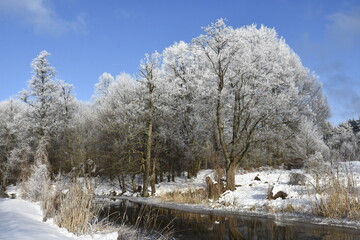 Łyna River during a frosty winter, Poland