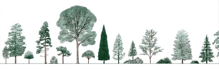 Line of trees, various types, on a white background