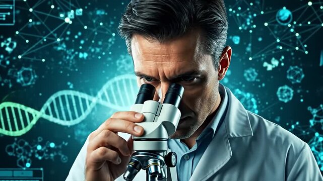 Focused Investigation: A determined scientist gazes into the lens of a microscope, immersed in scientific inquiry and exploration. Delving into the intricate world of biological research.