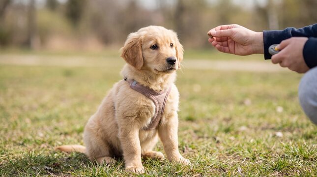 Golden Retriever Puppy Training with Treat in Park - Powered by Adobe