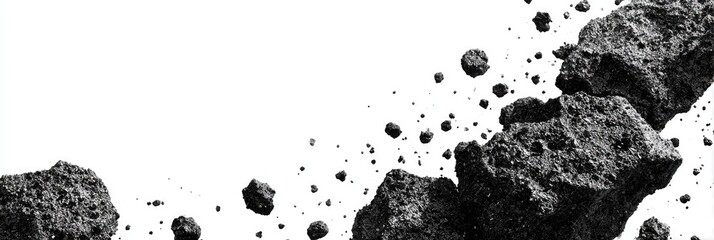 Crumbled black rocks and debris in motion, against a stark white background