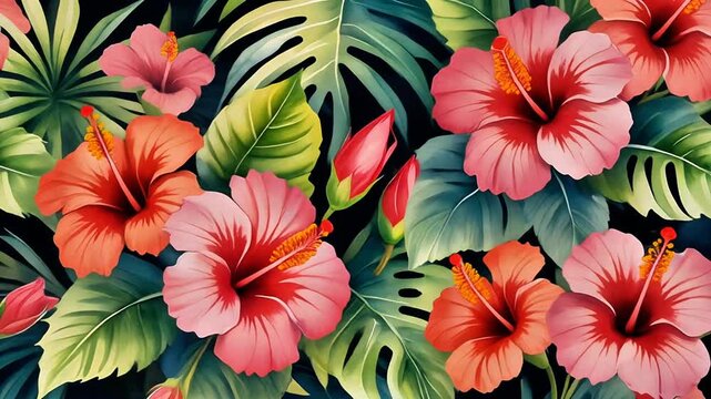 Vibrant tropical hibiscus flowers and lush green leaves arranged in rich natural harmony. Nature concept Seamless looping time-lapse animation video background