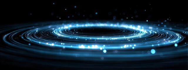 Glowing blue rings and sparkles float on a black background