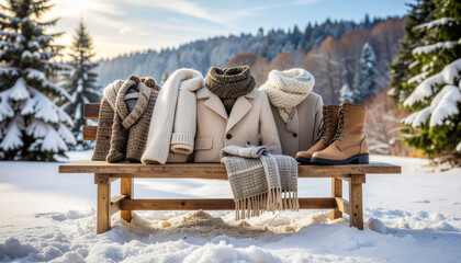 Cozy winter fashion display featuring warm coats, scarves, and stylish boots arranged on a rustic wooden bench in a pristine, snowy mountain setting under a clear sky