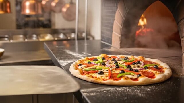 Placing Fresh Supreme Pizza Into Wood Fired Brick Oven