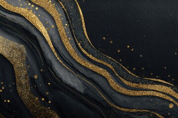 Abstract black marble effect background with golden waves and glittering specks