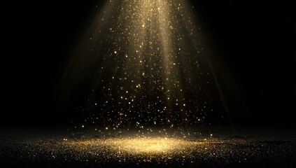 Golden light beams down, illuminating particles on a surface