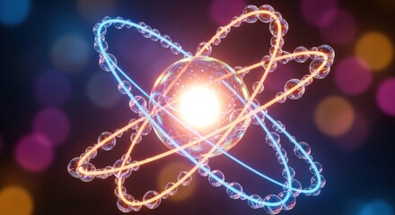 Abstract atom model with glowing blue and orange orbits and bright nucleus. Defocused bokeh lights in the background.