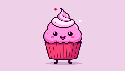Cute Pink Cupcake Cartoon Character with Smiling Face