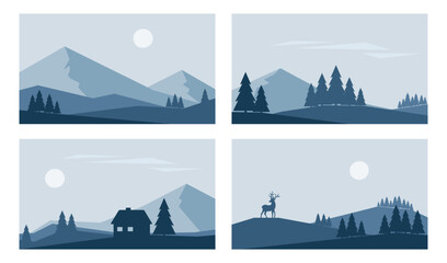 Minimalistic winter landscapes in Nordic style. Vector illustrations of mountains and hill in blue colors