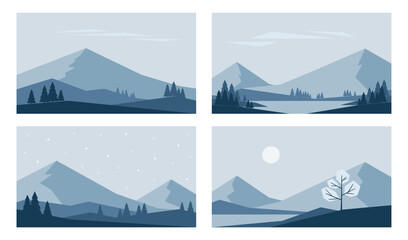 Minimalistic winter landscapes in Nordic style. Vector illustrations of mountains and lake in blue colors