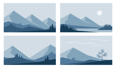 Minimalistic winter landscapes in Nordic style. Vector illustrations in blue colors