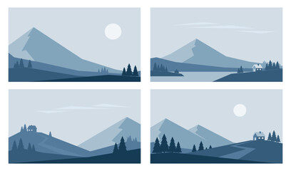 Minimalistic winter landscapes in Nordic style. Vector illustrations of mountains and fir trees in blue colors