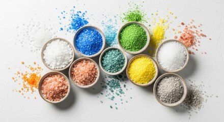 A collection of colorful bath salts in small bowls arranged on a white surface.