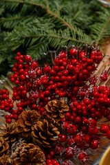 Red winter berries and pinecones dusted with snow on a green pine branch background.