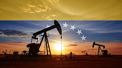 A composite image overlays the silhouette of multiple oil pumpjacks against a sunset sky and desert landscape, with the national flag of Venezuela as a backdrop.