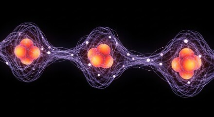 Abstract representation of atomic structure with electrons orbiting protons in a quantum wave on a black background